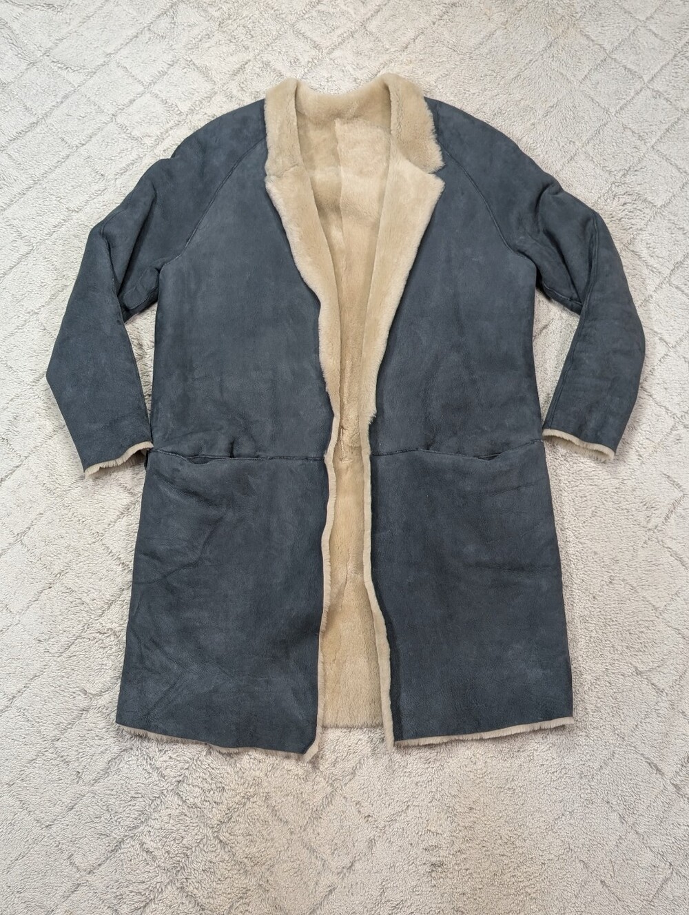 Billy Reid Jacket Womens XS Blue Leather  Suede Shearling Coat Oversized Long